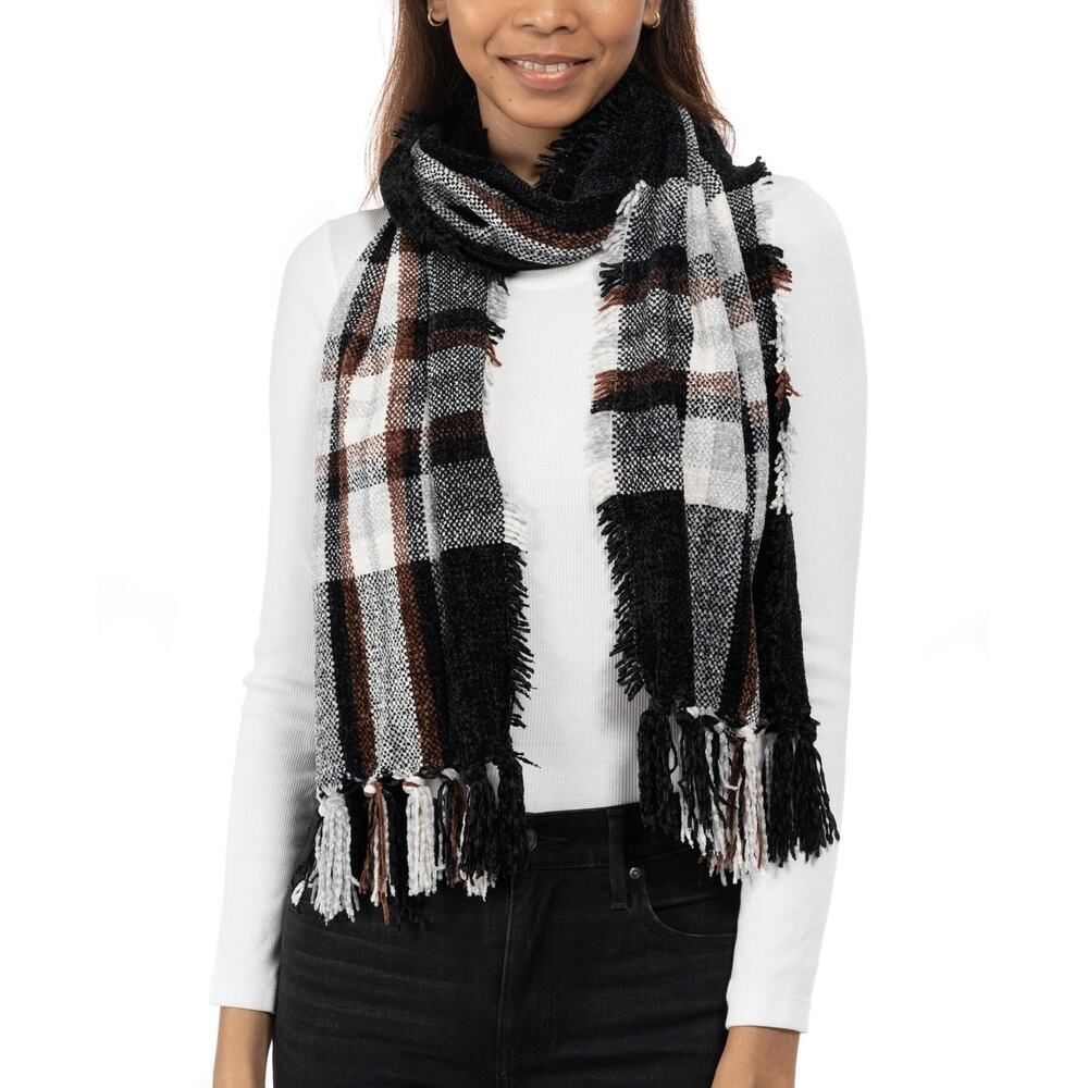 Charter Club Brown and Black Plaid Chenille‎ Scarf